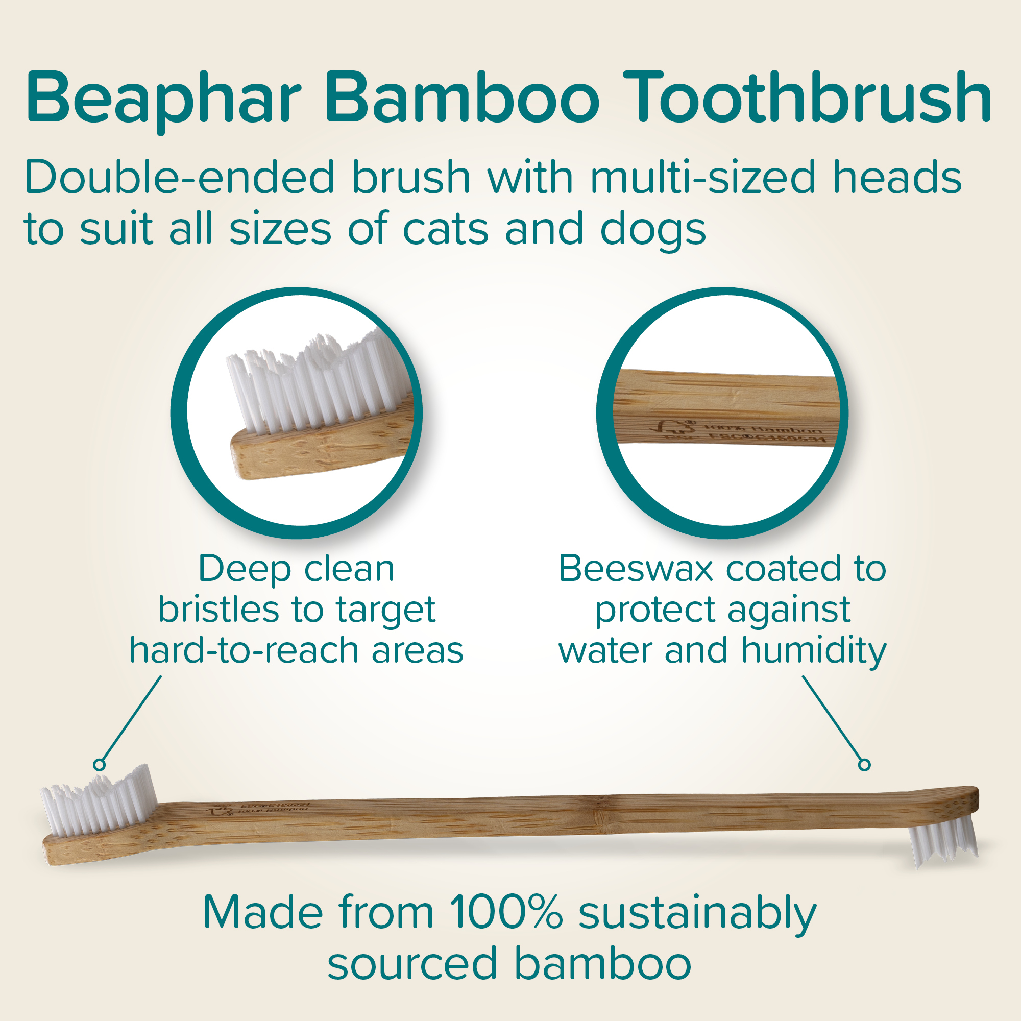 Beaphar Doubled-Ended Bamboo Toothbrush for Cats and Dogs, 1 brush