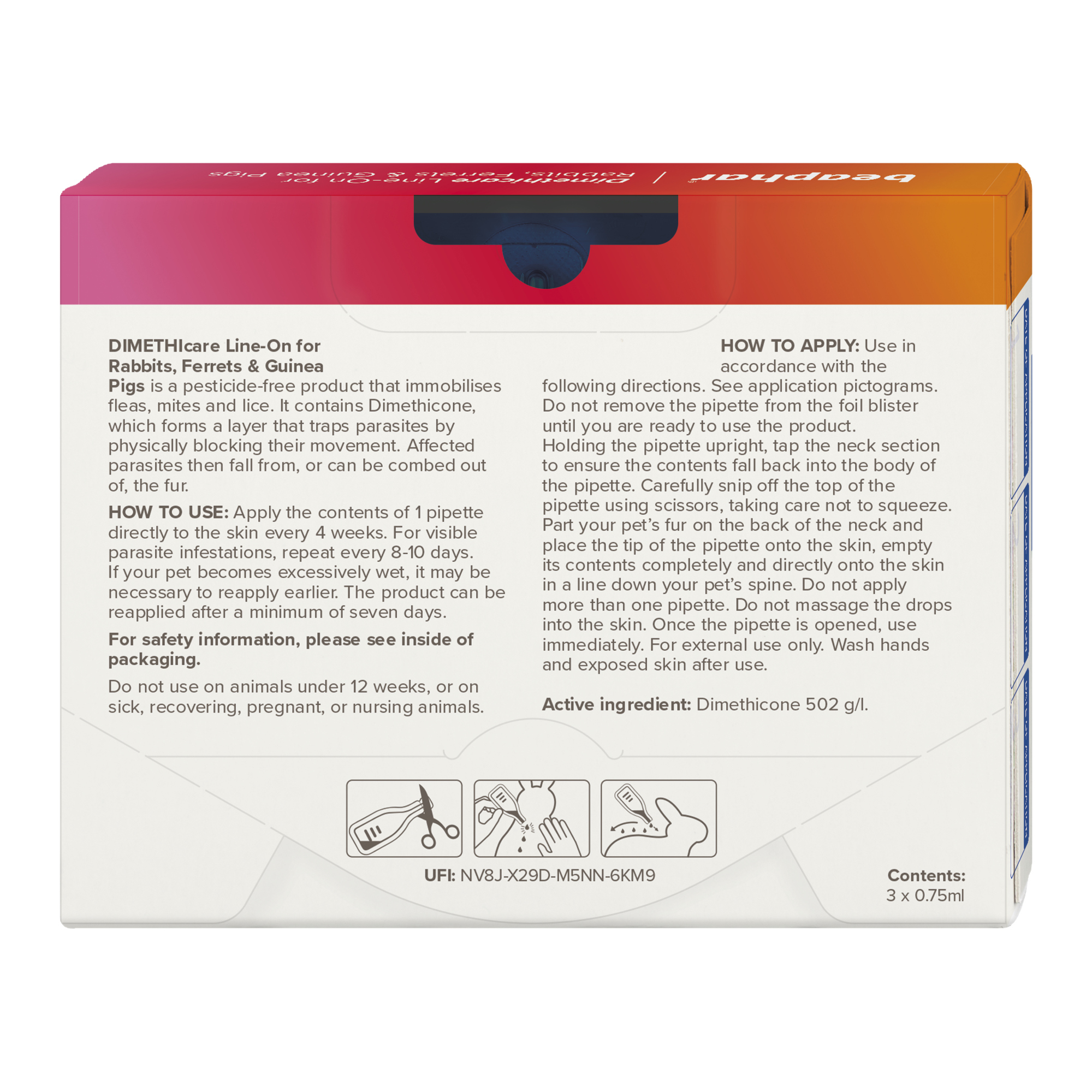 Beaphar Dimethicare Line-On Mite, Flea & Lice Control for Rabbits, Ferrets & Guinea Pigs, 3 pipettes