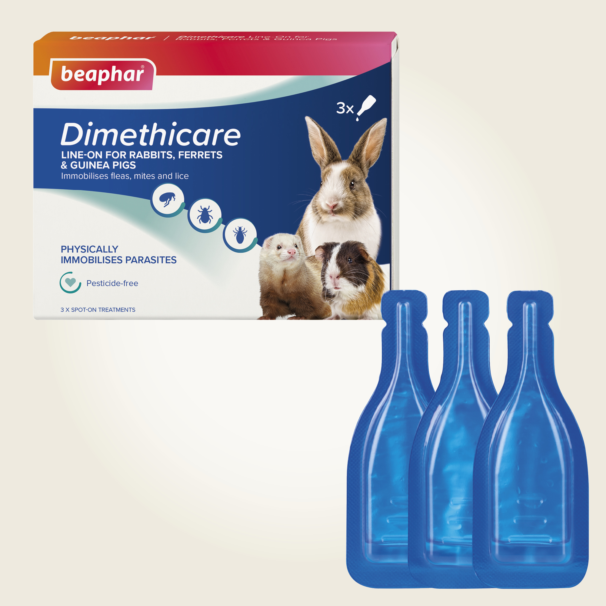 Beaphar Dimethicare Line-On Mite, Flea & Lice Control for Rabbits, Ferrets & Guinea Pigs, 3 pipettes