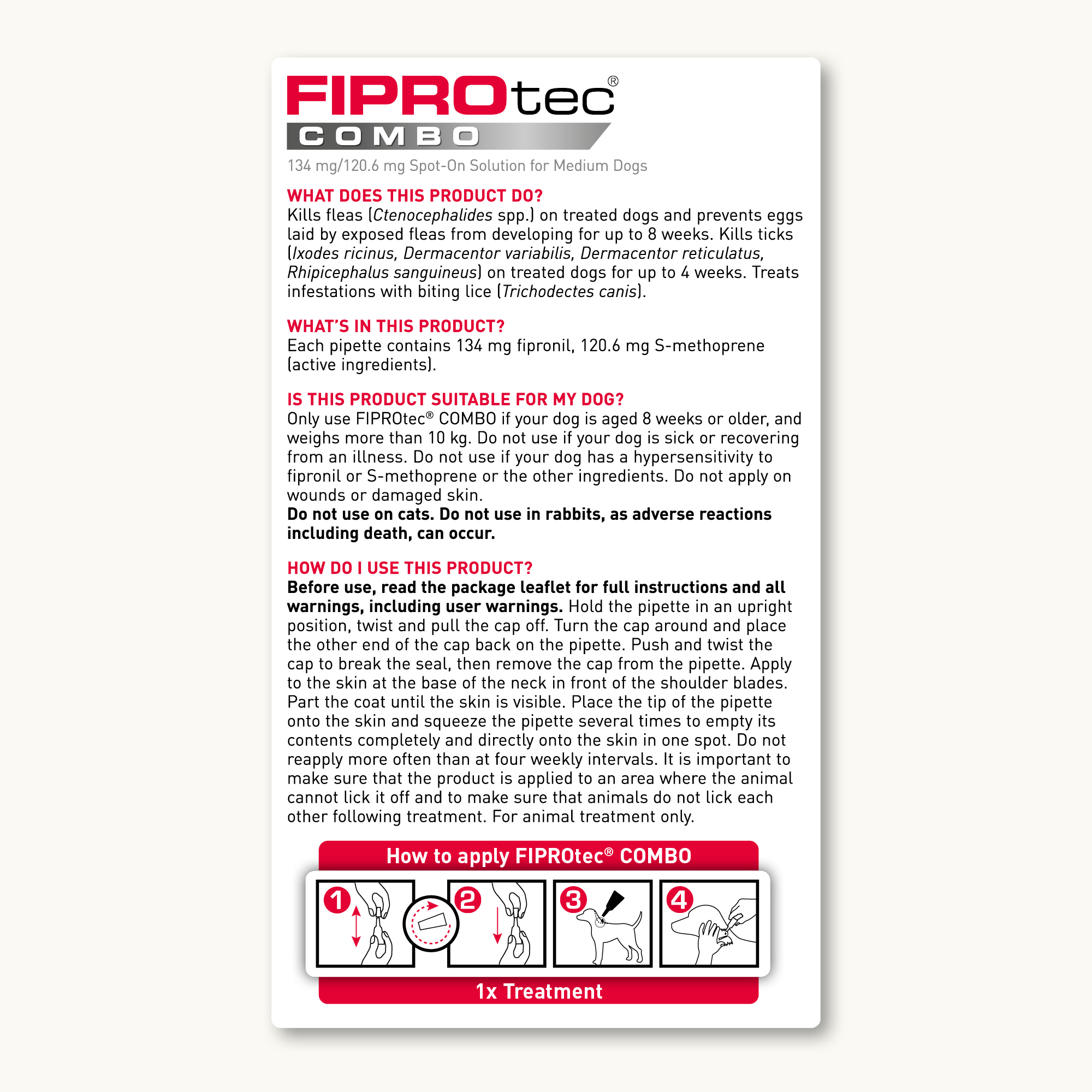 Beaphar FIPROtec® COMBO Flea & Tick Spot-On for Medium Dogs (10-20kg), 6 Pipettes