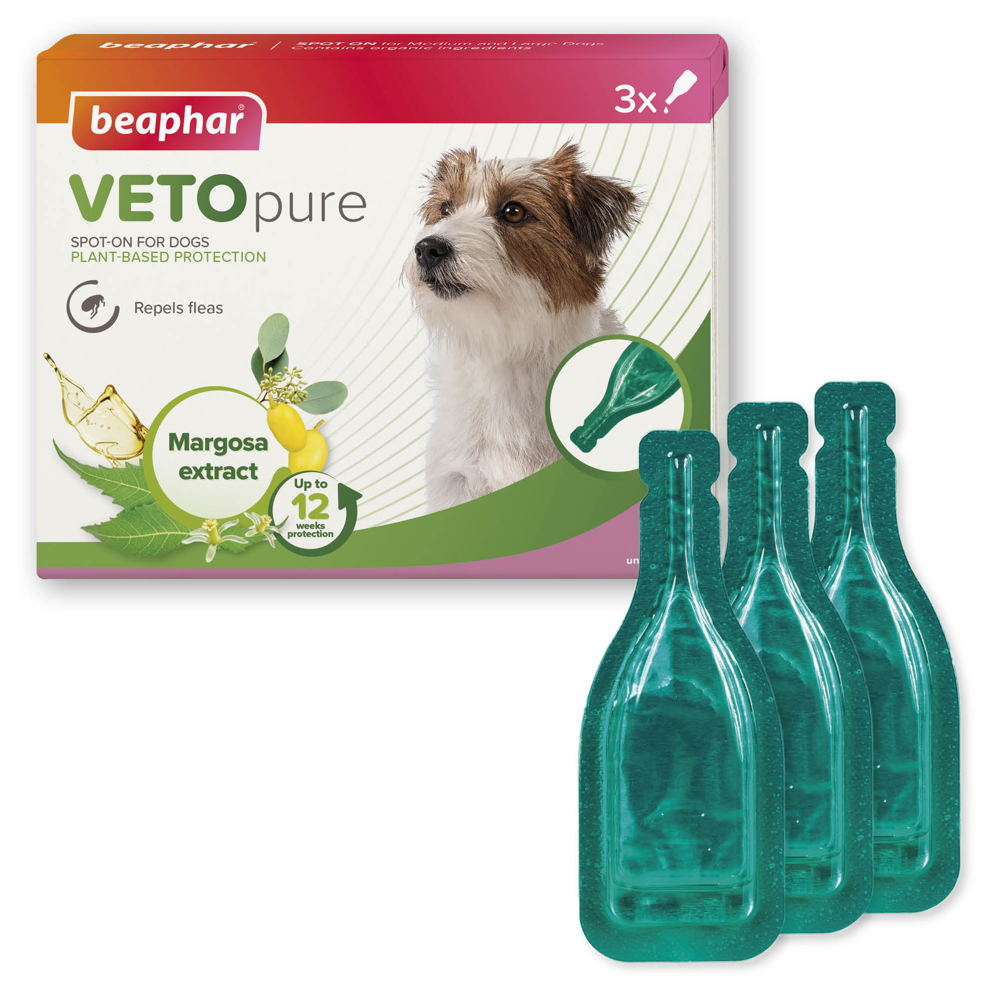 Beaphar VETOpure Plant-Based Flea Repellent Spot-On for Dogs (under 15kg), 3 Pipettes