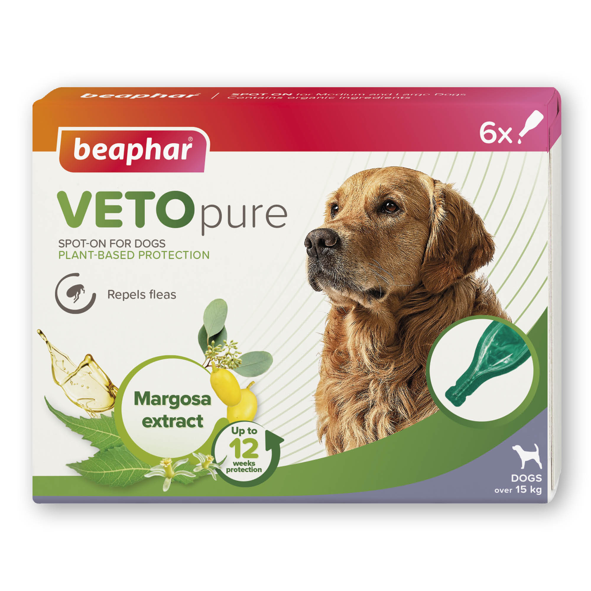 Beaphar VETOpure Plant-Based Flea Repellent Spot-On for Dogs (over 15kg), 6 Pipettes