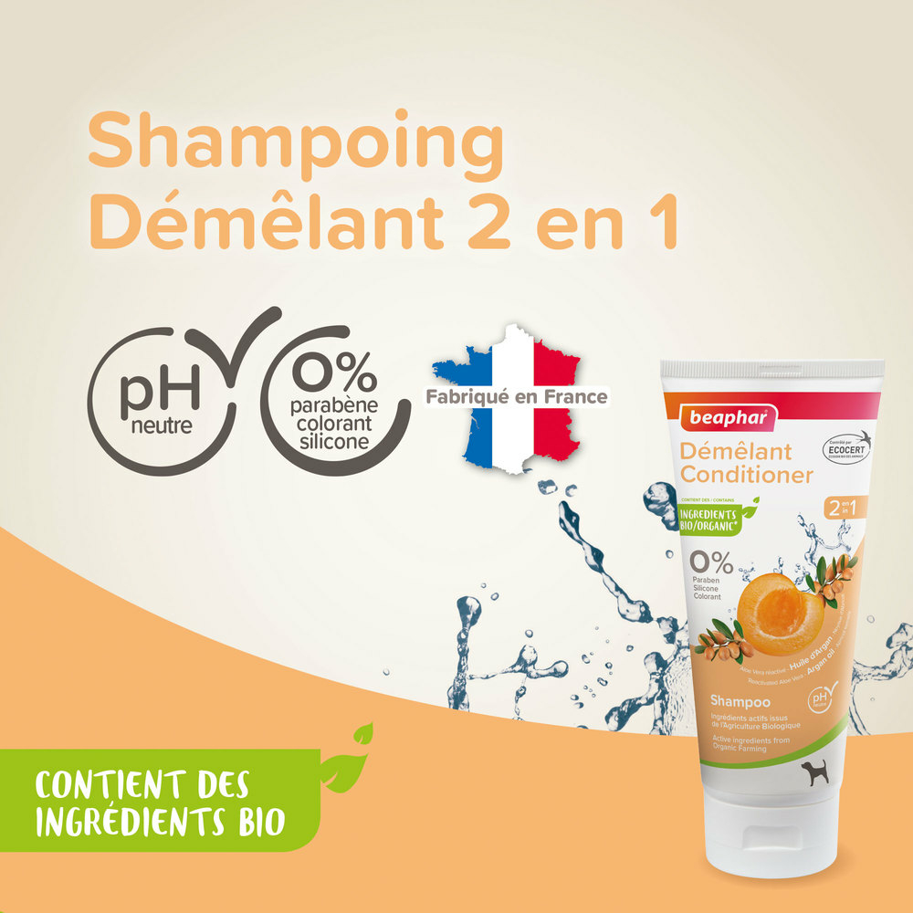 Shampoing Démêlant 2 en 1 labellisé ECOCERT pour chien - 200 ml