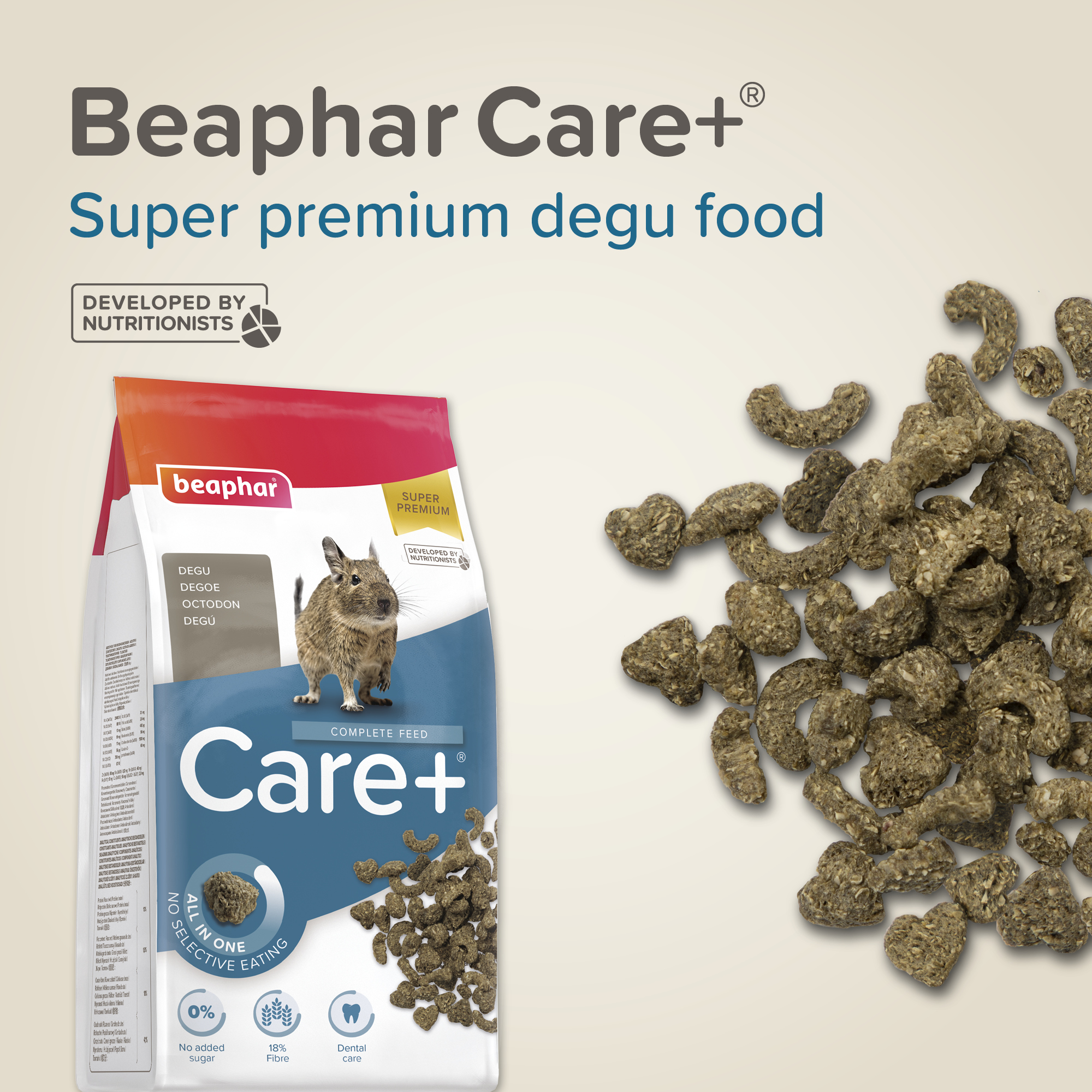 Care+® teljesértékű eledel deguknak, 750g