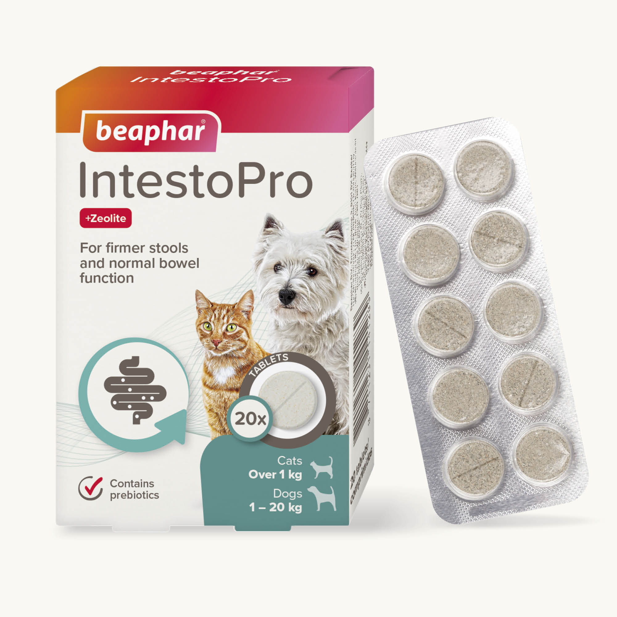 Beaphar IntestoPro Prebiotic Stool Firming Tablets for Cats & Small Dogs (1-20kg), 20 tablets