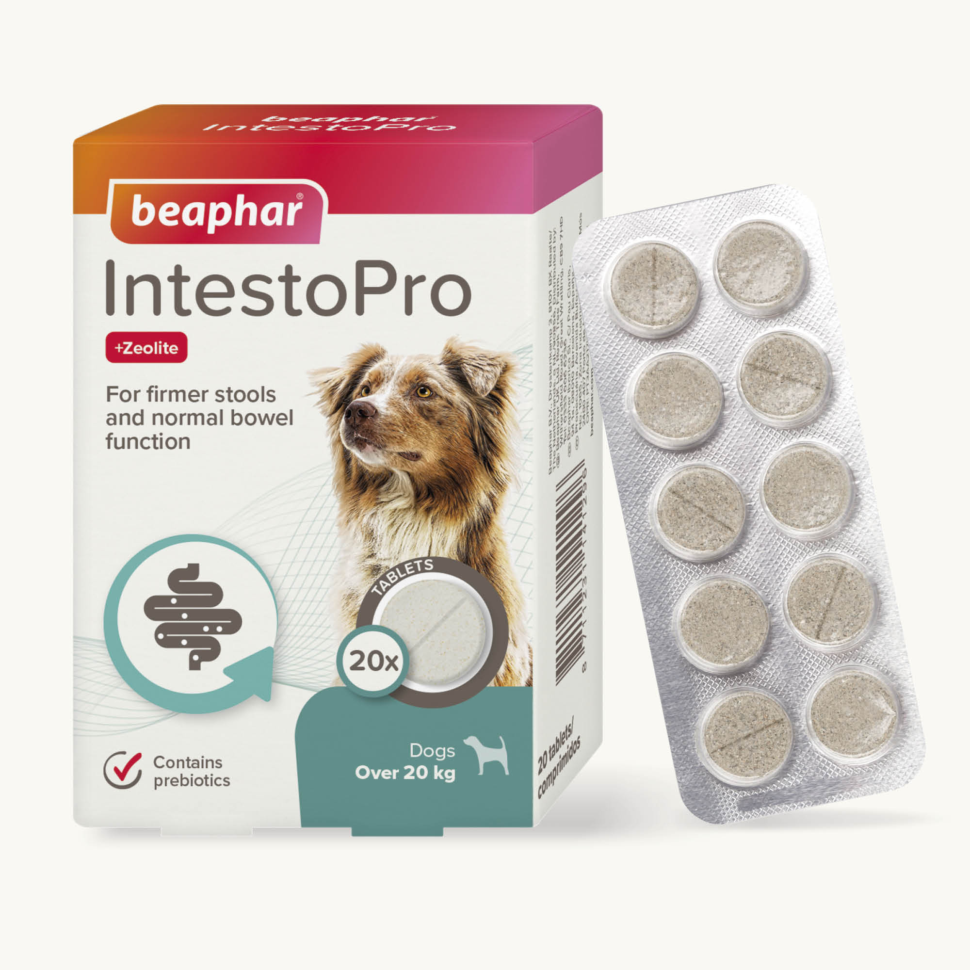 Beaphar IntestoPro Prebiotic Stool Firming Tablets for Medium & Large Dogs (over 20kg), 20 tablets