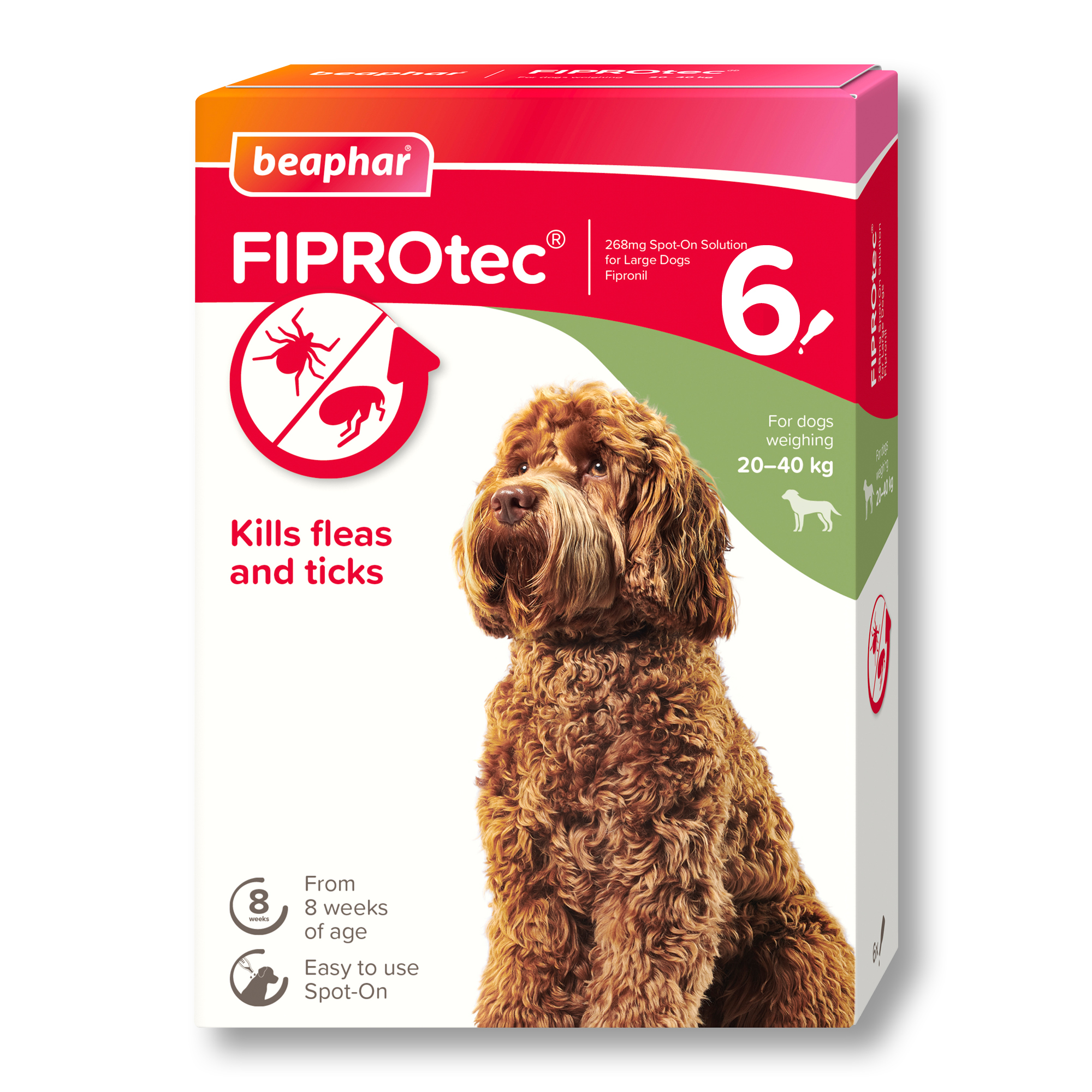 Beaphar FIPROtec® Flea & Tick Spot-On for Large Dogs (20-40kg), 6 Pipettes