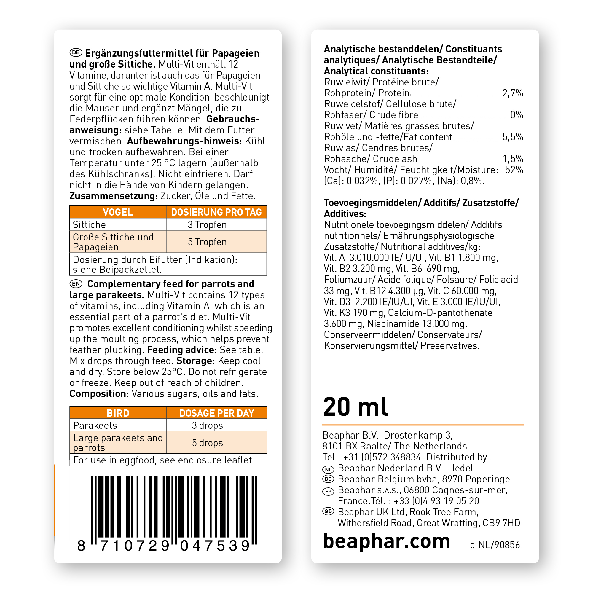 Beaphar Multi-Vit for Parrots and Parakeets, 20ml