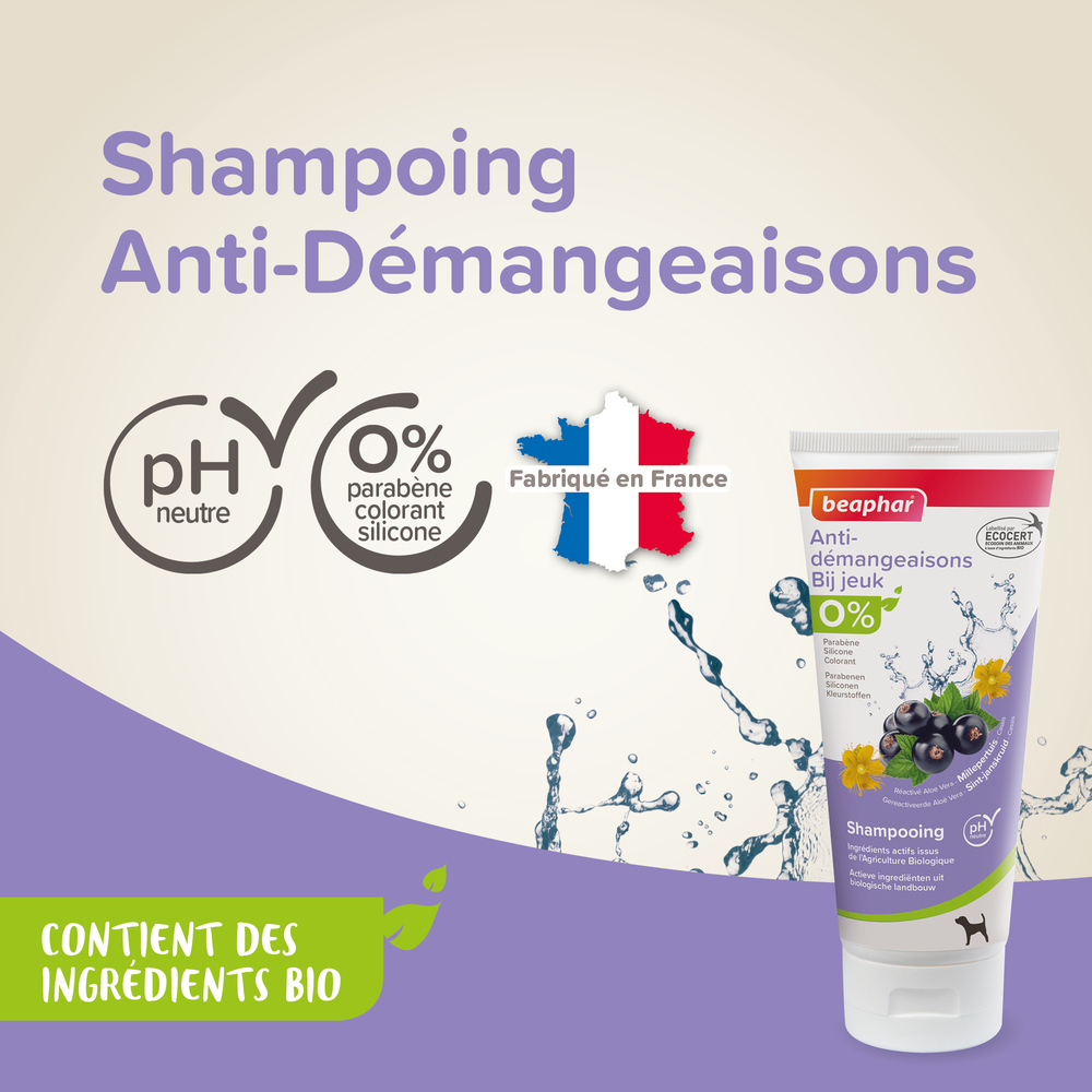 Shampoing anti-démangeaisons labellisé ECOCERT pour chien