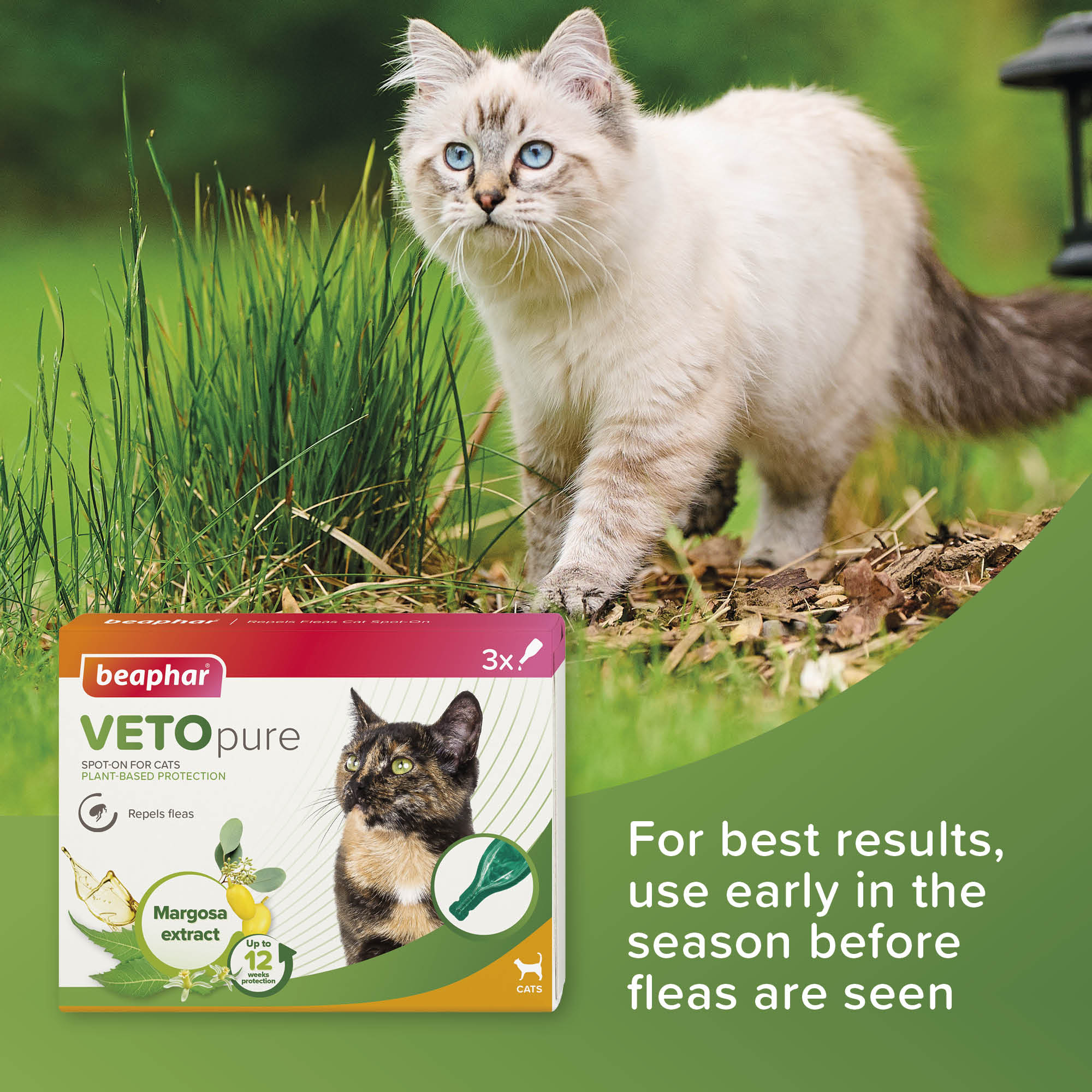 Beaphar VETOpure Plant-Based Flea Repellent Spot-On for Cats, 3 pipettes