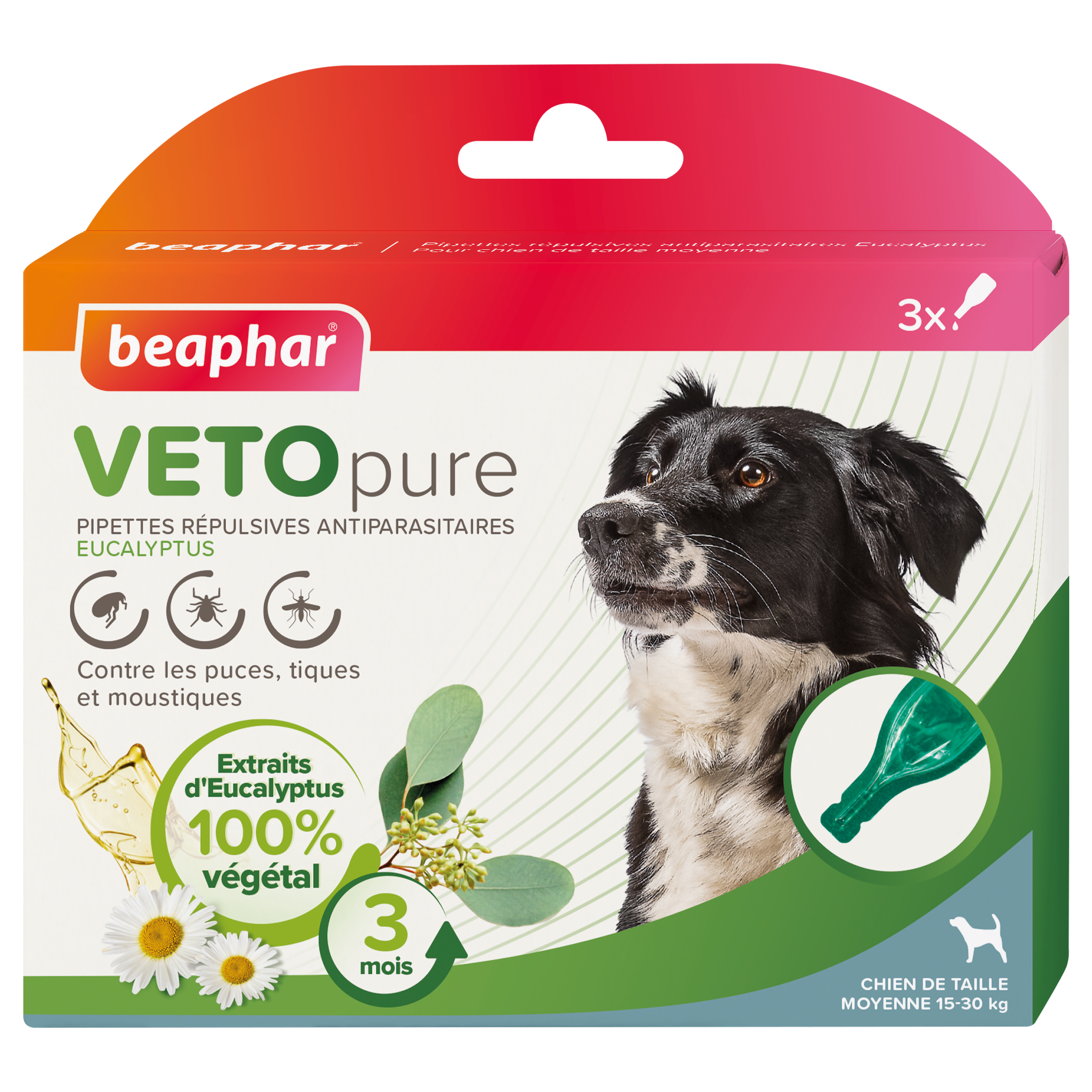 VETOpure, Pipettes répulsives antiparasitaires à l'Eucalyptus pour chien de taille moynne x 3