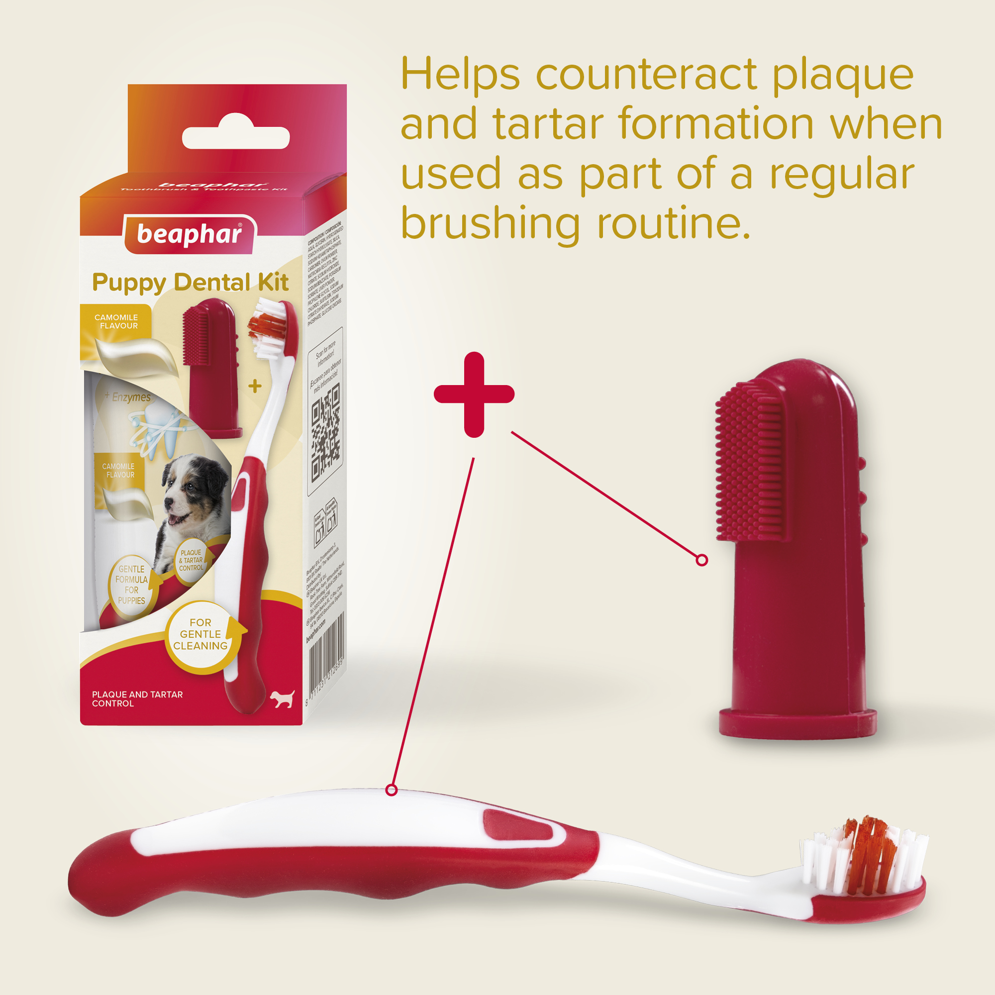 Beaphar Puppy Dental Kit, 1 x toothbrush, 1 x finger toothbrush, 1 x 50g camomile-flavoured toothpaste