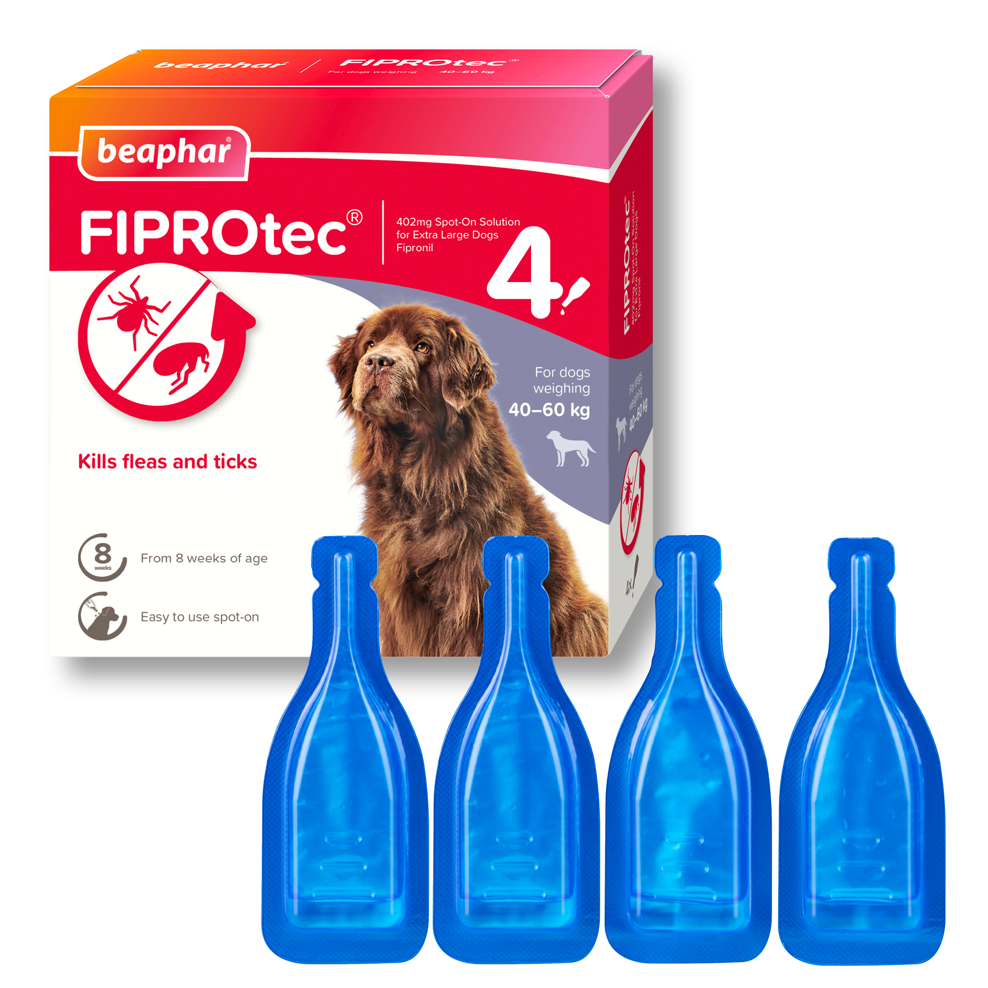 Beaphar FIPROtec® Flea & Tick Spot-On for Extra Large Dogs (40-60kg), 4 Pipettes