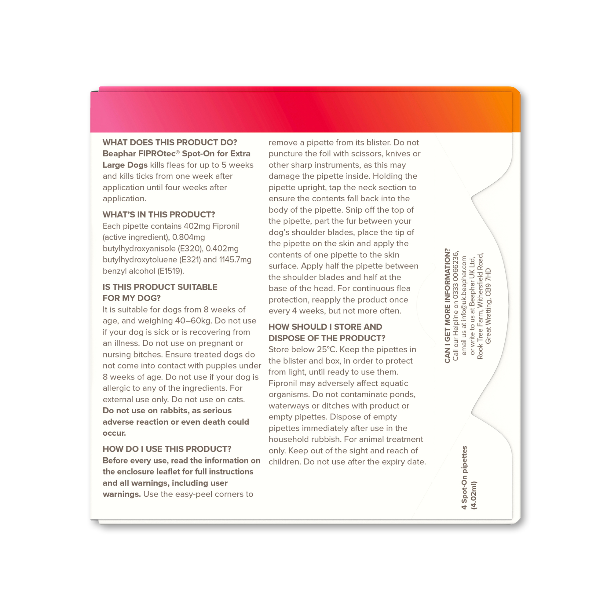 Beaphar FIPROtec® Flea & Tick Spot-On for Extra Large Dogs (40-60kg), 4 Pipettes