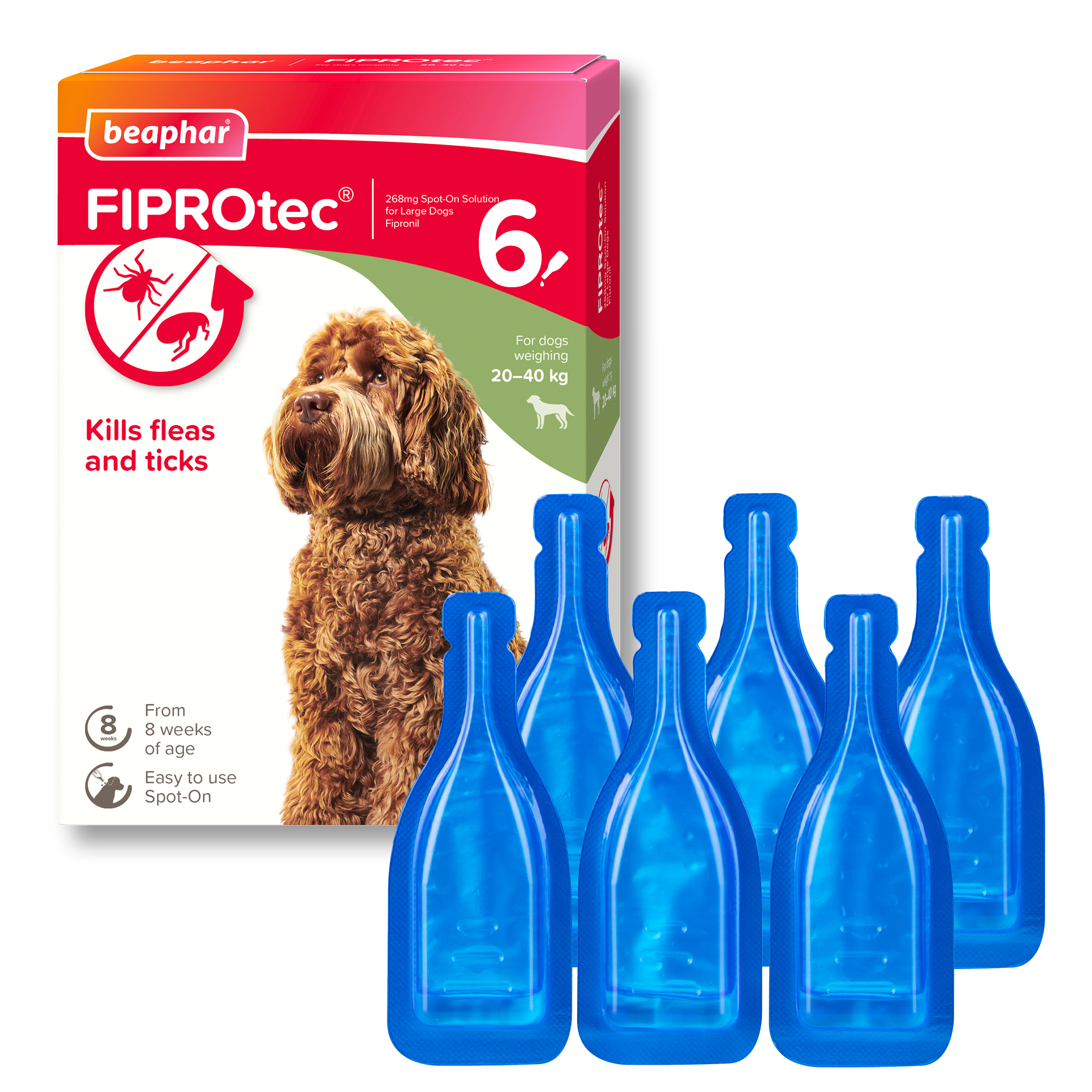 Beaphar FIPROtec® Flea & Tick Spot-On for Large Dogs (20-40kg), 6 Pipettes