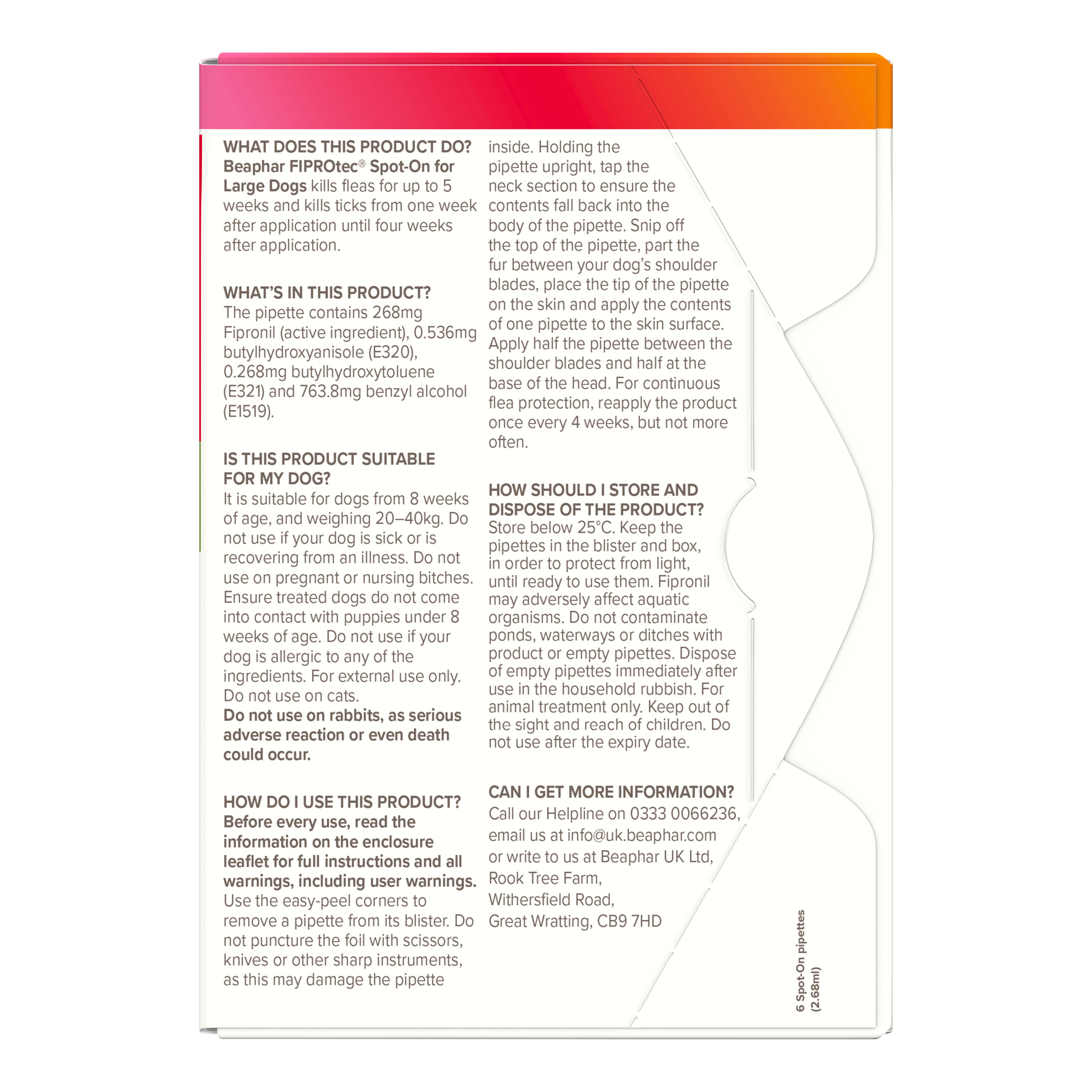 Beaphar FIPROtec® Flea & Tick Spot-On for Large Dogs (20-40kg), 6 Pipettes