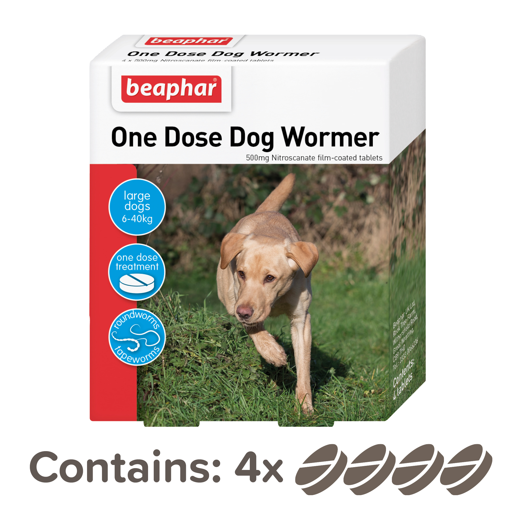 Beaphar One Dose Worming Tablets (For Large Dogs 6-40kg), 4 tablets