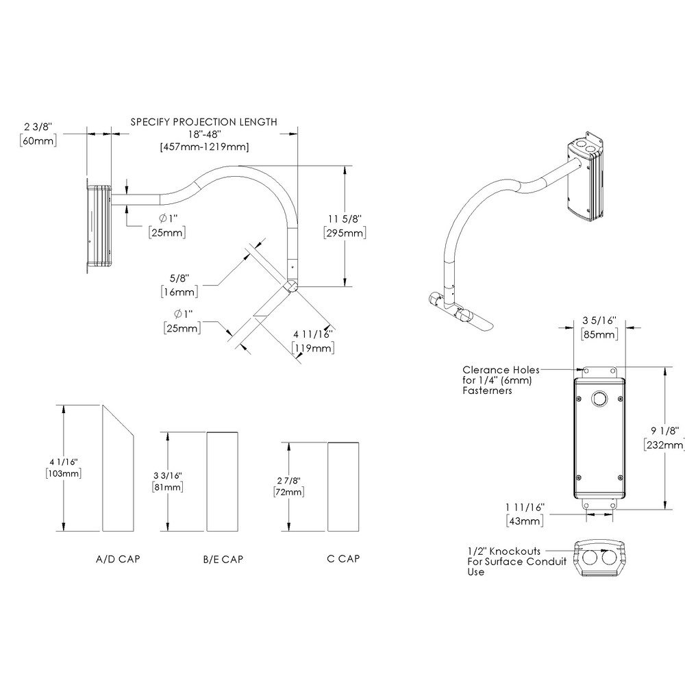 MINI MICRO - Wall Mount - Line Voltage Via Transformer - LED High-Power - Style A - 2 Fixtures - Universal Power Module PM1 - Asymmetrical Optics