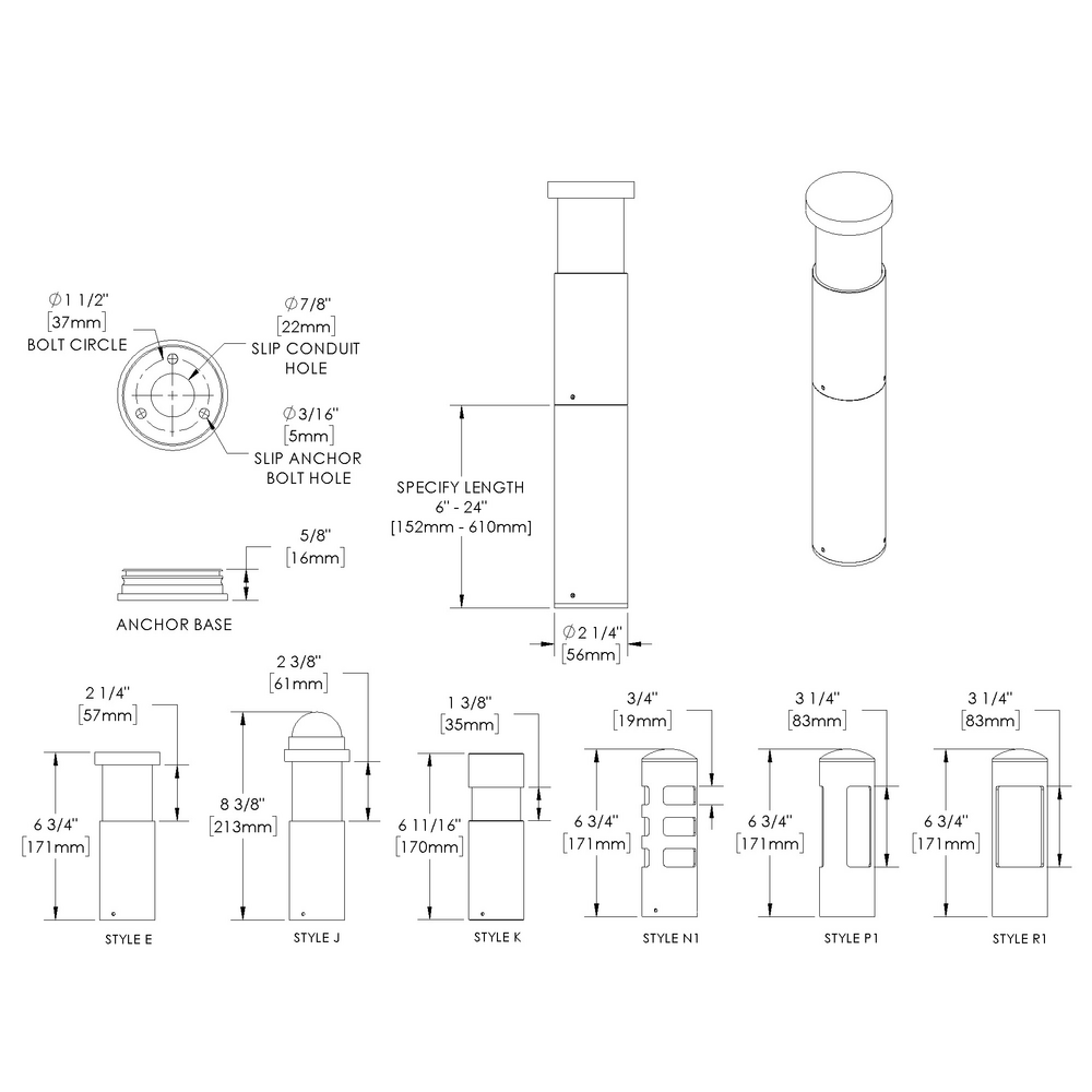 GLOW STAR - Bollard - Line Voltage Via Transformer - LED High-Power - Aluminum - Height: 6” - 24” - Anchor Base