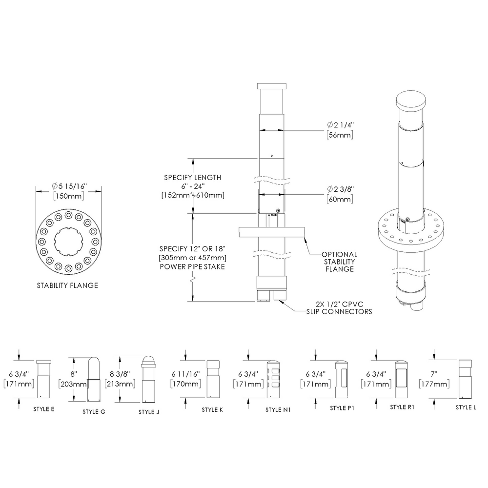 GLOW STAR - Bollard - Line Voltage Via Transformer - Lamp MR16 Gu5.3 - Aluminum - Height: 6” - 24” - Pipe PI1 - 18