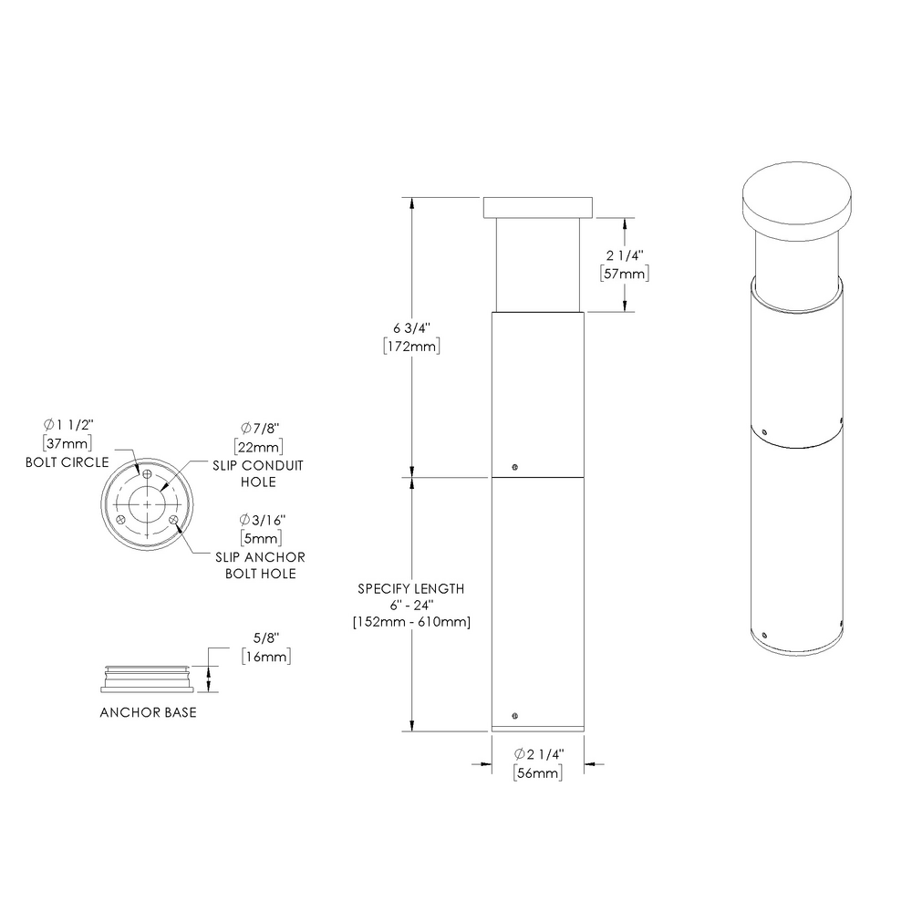 GLOW STAR - Bollard - Line Voltage Via Transformer - LED High-Power - Brass - Style E - Height: 6” - 24” - Anchor Base