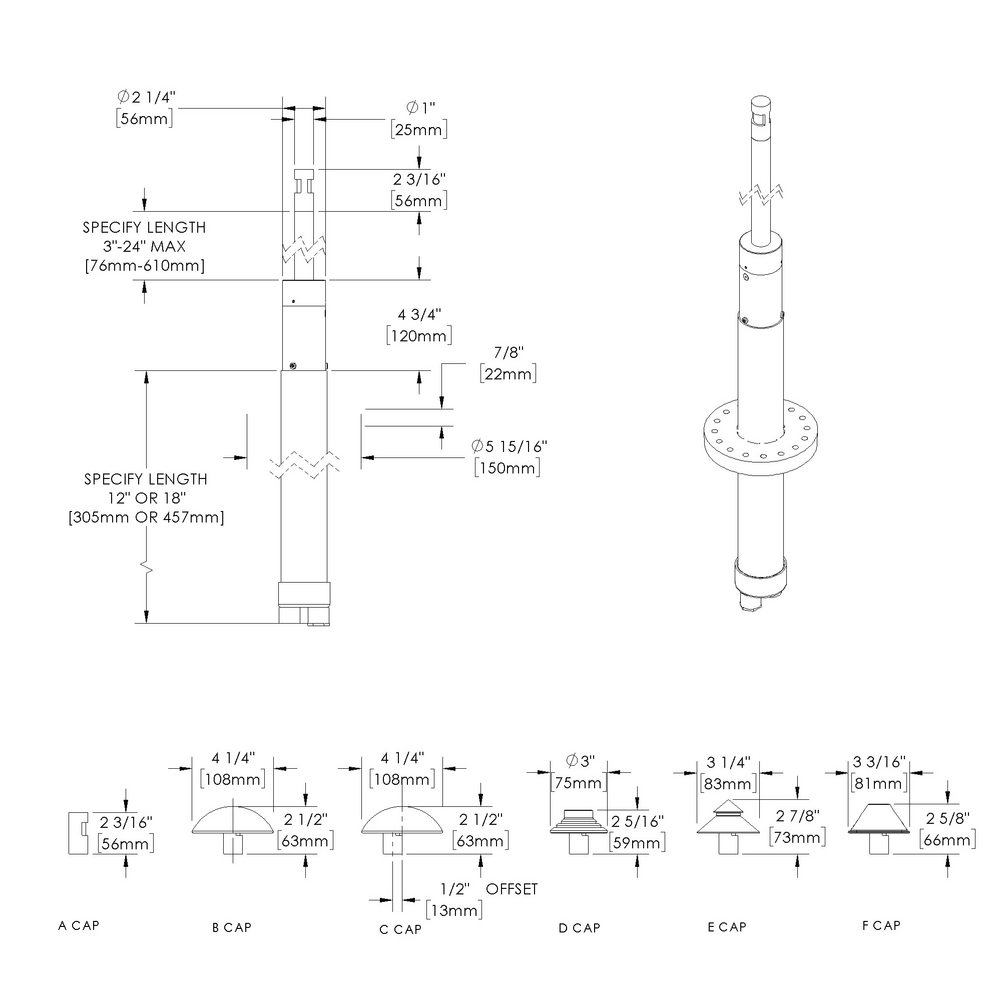 LITESTICK - Bollard - Line Voltage Via Transformer - LED High-Power - Round - Straight