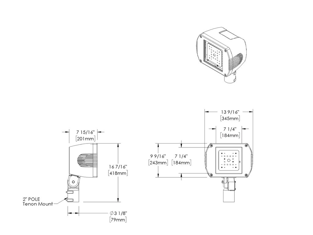 Technical Drawing of ALTAIR - Floodlight - Line Voltage Driver - LED High-Power - Aluminum - Yoke Mount - Fixed Louver Shield (external)