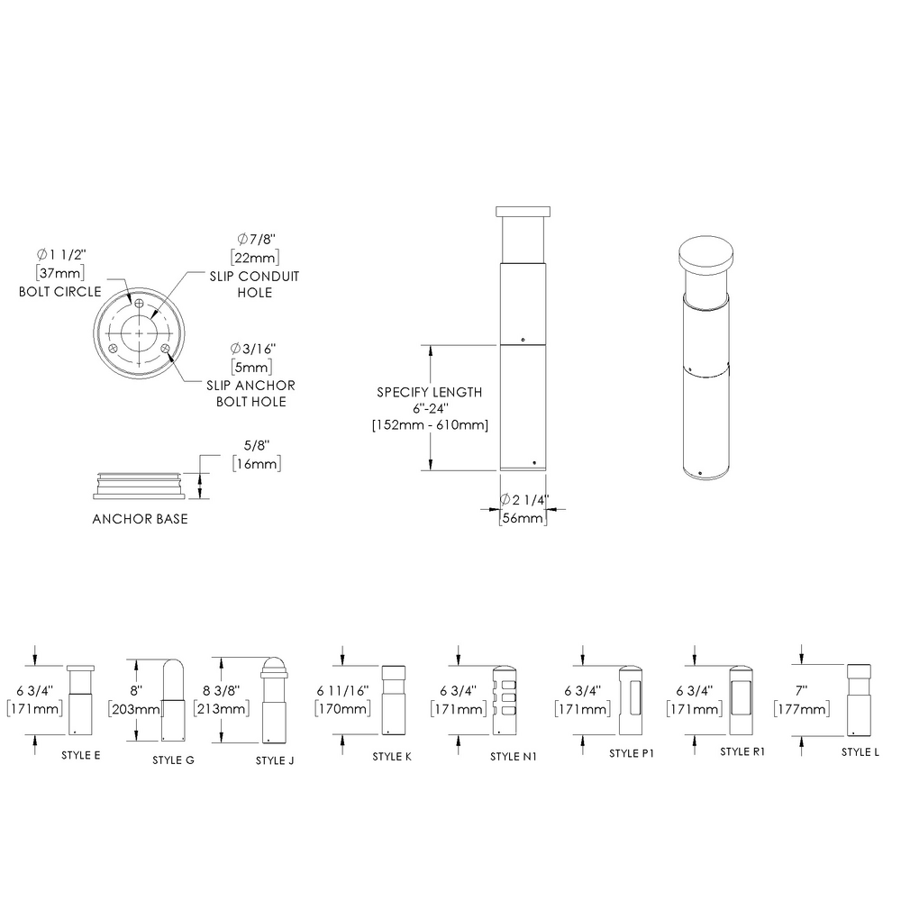 GLOW STAR - Bollard - Line Voltage Via Transformer - Lamp MR16 Gu5.3 - Aluminum - Height: 6” - 24” - Anchor Base