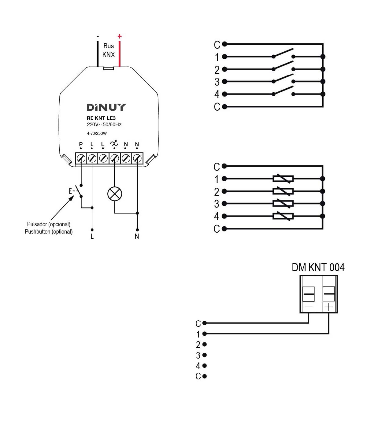 ACTUADOR REGULACIÓN UNIVERSAL 1 CANAL Y 4 ENTRADAS ANALÓGICO/BINARIAS – RE KNT LE3 - Esquema de instalación - Dinuy